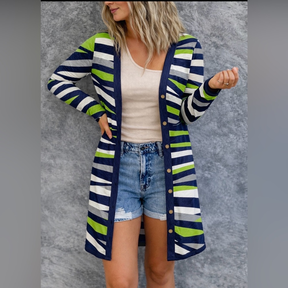 Striped Button Down Cardigan Navy Lime White Long Duster Size Medium